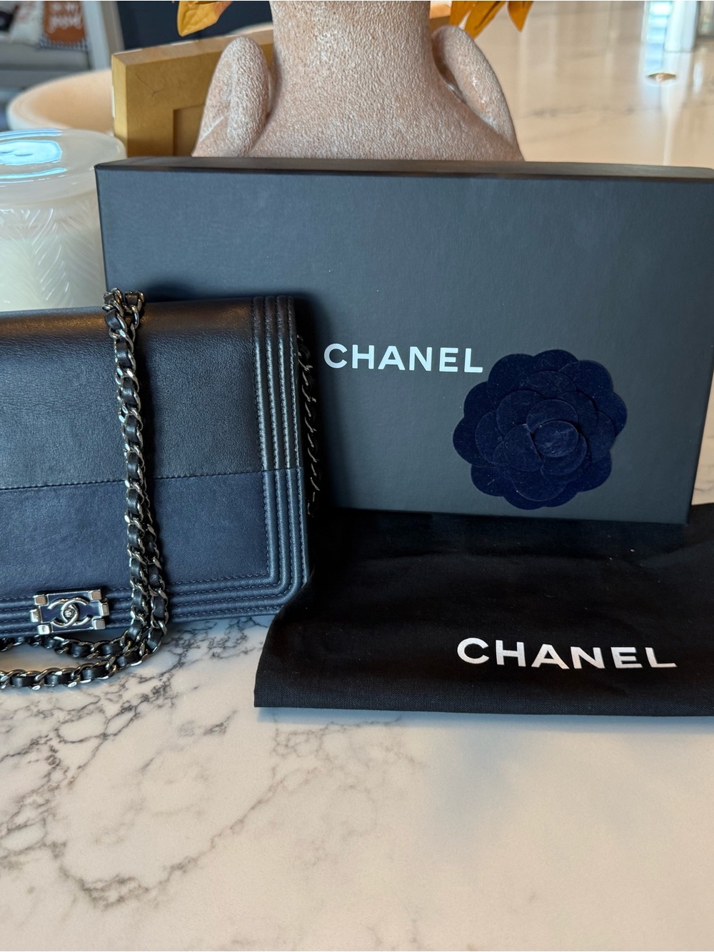 CHANEL Boy WOC Black and Navy Lambskin Ruthenium Hardware Wallet on Chain